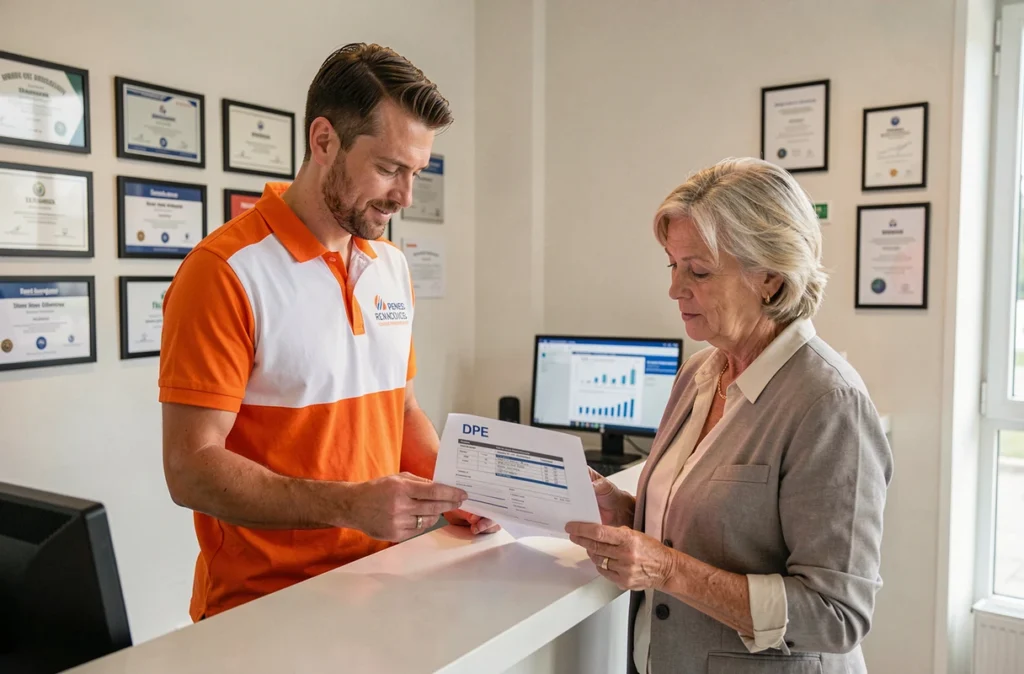 Conseiller de Diagamter Rennes remettant un rapport de diagnostic immobilier à une cliente dans l'agence