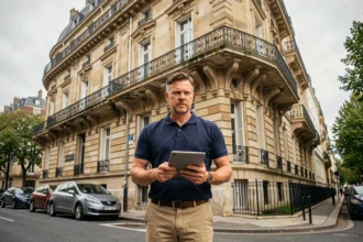 Diagnostiqueur immobilier professionnel devant un immeuble haussmannien dans le Val-de-Marne, illustrant le top 10 des meilleurs diagnostiqueurs du département