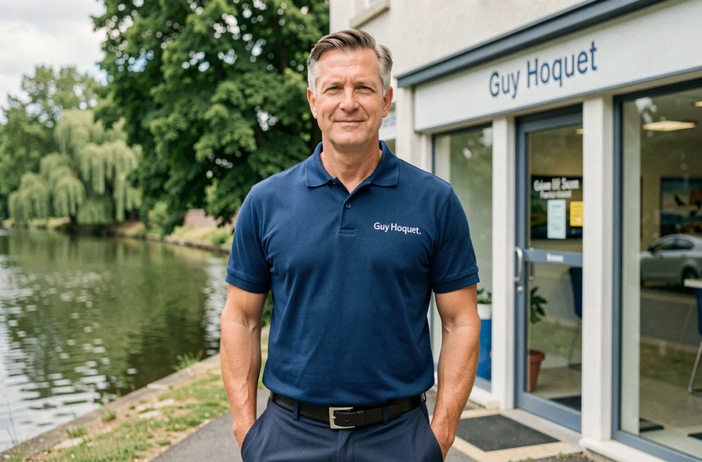 Agent Guy Hoquet Nantes Erdre en tenue professionnelle devant l'agence avec la rivière l'Erdre et ses arbres en arrière-plan