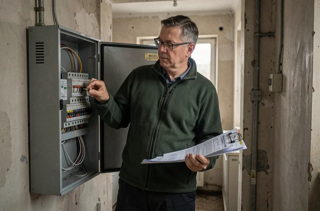 Expert de HCM inspectant un tableau électrique lors d'un contrôle de diagnostic immobilier