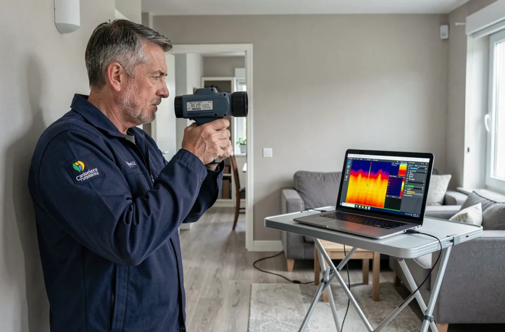 Technicien d'Immo Diag France effectuant une thermographie dans une maison pavillonnaire en Ille-et-Vilaine
