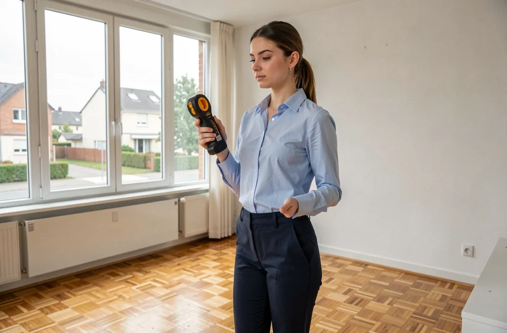Diagnostiqueure de L2a Concept mesurant une pièce avec un télémètre laser dans un appartement vide