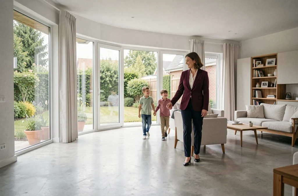 Agente Laforêt Nantes Sud accompagnant une famille dans une maison de banlieue avec grand jardin visible par la baie vitrée