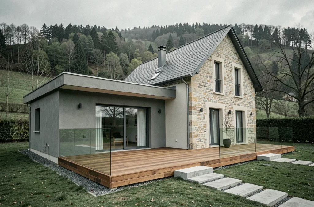 Maison contemporaine avec extension toit plat construite par Maisons Aliénor en Corrèze avec terrasse en bois