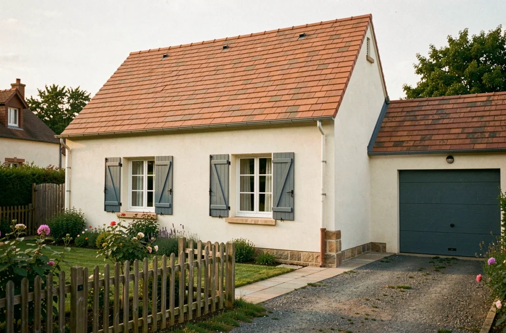 Maison individuelle Maisons Babeau Seguin en Corrèze avec toit à quatre pans et volets bleu-gris