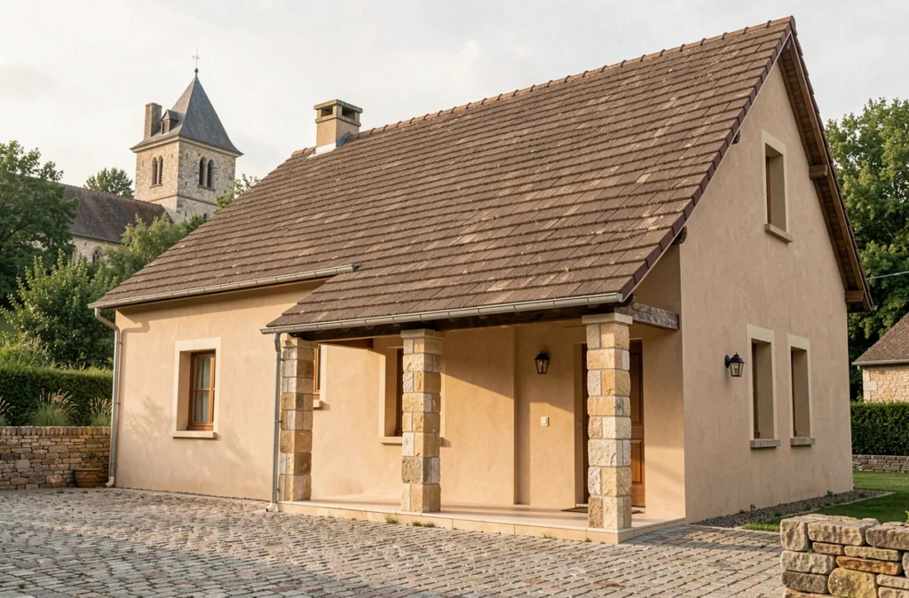 Maison individuelle construite par Maisons Batidur en Corrèze avec piliers en pierre et toit en tuiles plates