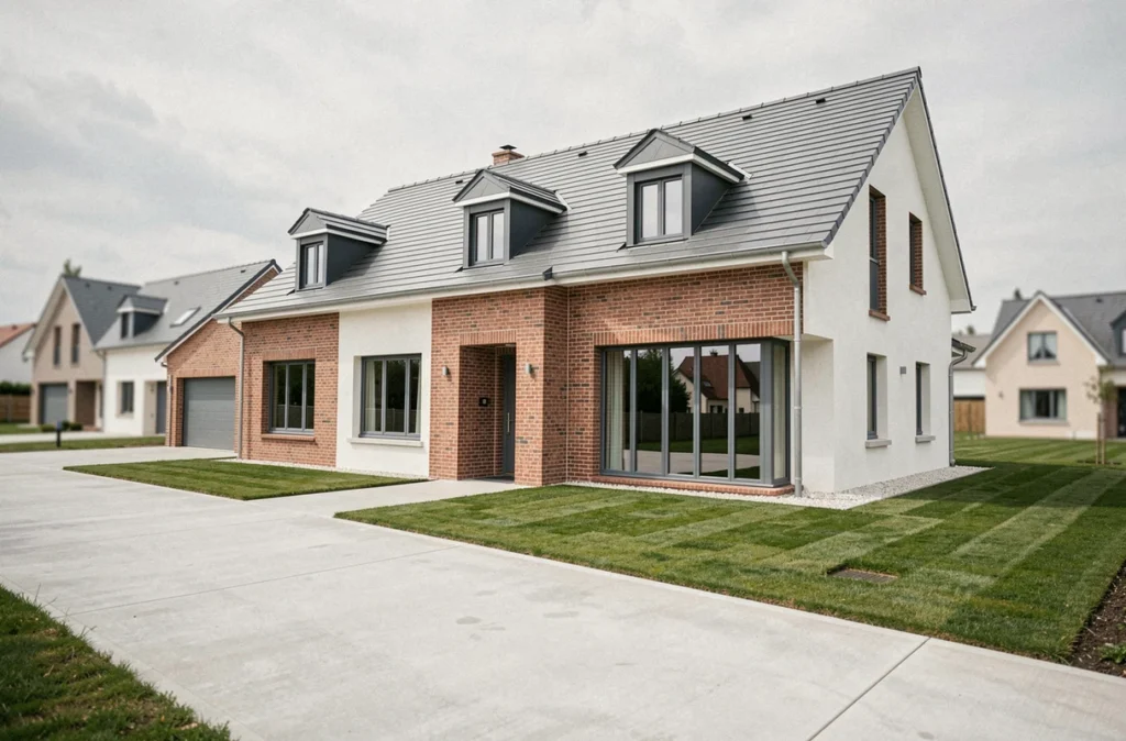Maison moderne construite par Maisons France Confort en Corrèze avec briques apparentes et fenêtres en baie