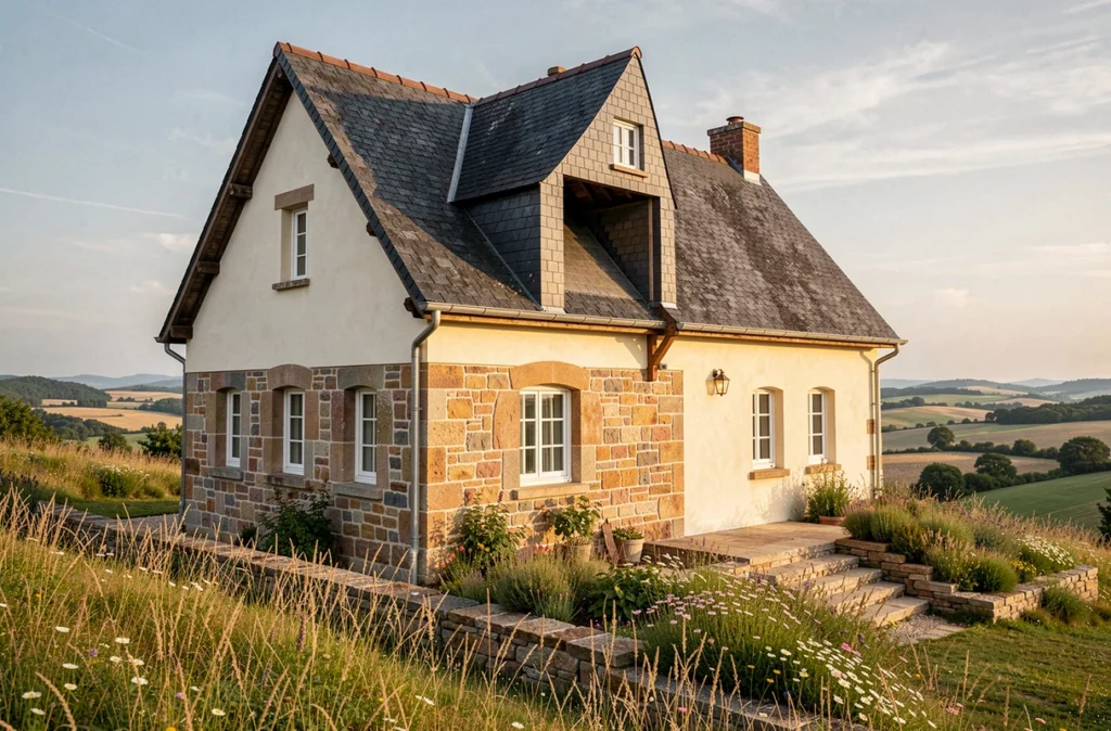 Maison au style limousin construite par Maisons Limousines en Corrèze avec granit et ardoise locale