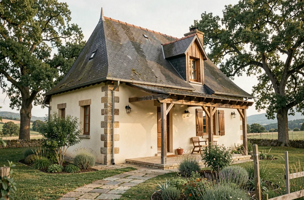 Maison traditionnelle construite par MG Construction en Corrèze avec toit en ardoise et murs en enduit crème