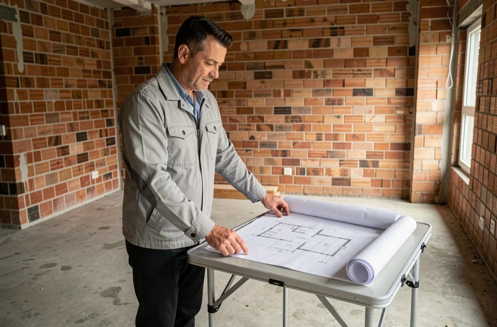 Diagnostiqueur de Trait Et Conception examinant des plans architecturaux dans un appartement en rénovation