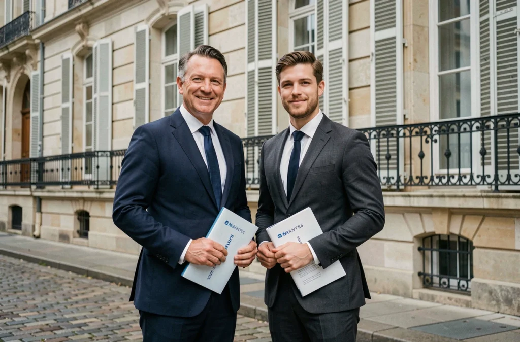 Les deux agents de Victor et Richard Immobilier posant devant un hôtel particulier nantais avec balustrades en fer forgé