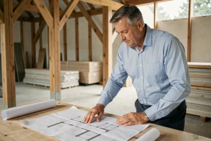 Architecte examinant les plans d'une maison individuelle en construction dans les Deux-Sèvres