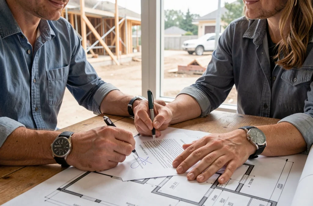 Contrat de construction et plans examinés sur une table de chantier