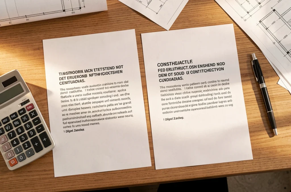 Deux devis de construction comparés avec calculatrice et plans